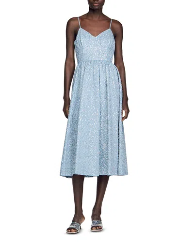 Sandro Striped-pattern Sequin-detail Midi Dress In Blue
