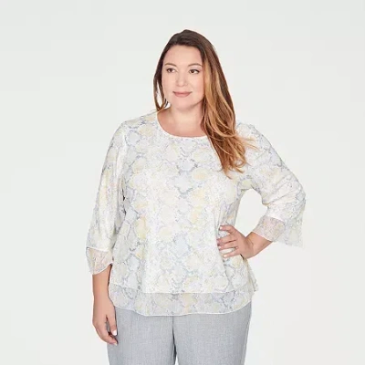 Alfred Dunner Plus Size Al Fresco Python Printed Knit Flutter Sleeve Top In White
