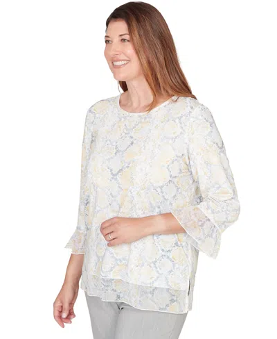 Alfred Dunner Petite Python Printed Knit Flutter-sleeve Crewneck Top In White