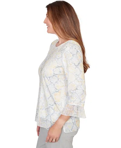 Alfred Dunner Petite Python Printed Knit Flutter-sleeve Crewneck Top In White
