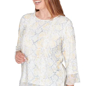 Alfred Dunner Petite Python Printed Knit Flutter-sleeve Crewneck Top In White