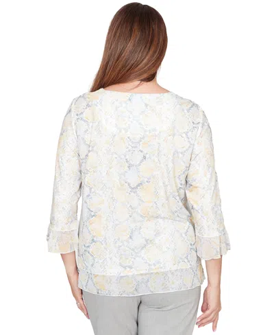 Alfred Dunner Petite Python Printed Knit Flutter-sleeve Crewneck Top In White