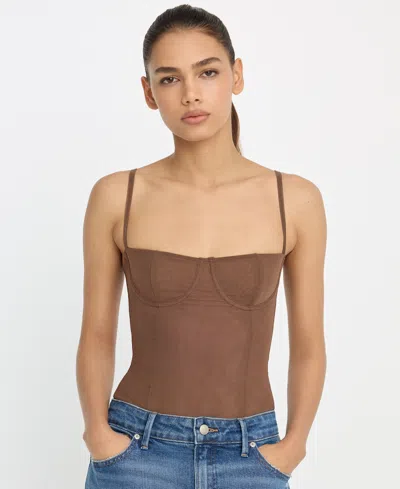 Good American Mesh Bustier Thong Bodysuit Saddlewood In Brown