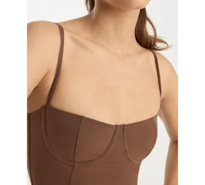 Good American Mesh Bustier Thong Bodysuit Saddlewood In Brown