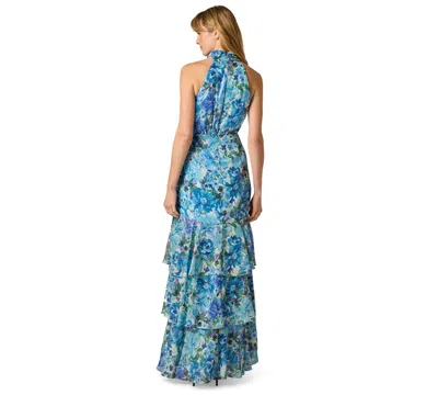 Adrianna Papell Tiered Metallic Floral Chiffon Halter Gown In Blue Multi