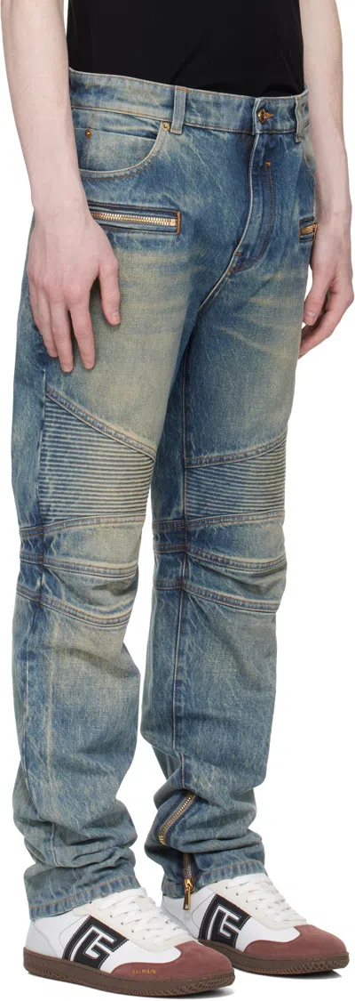 Balmain Regular Biker Denim Pants In Blue