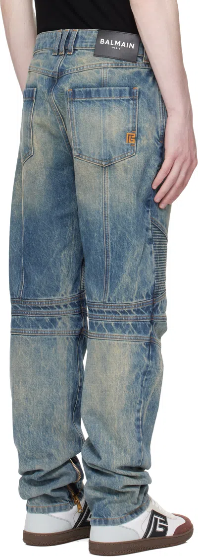 Balmain Regular Biker Denim Pants In Blue