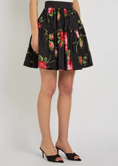 Dolce & Gabbana Mini Skirt With Rose Bouquet Print And Peplum Detail, Size 40 In Black