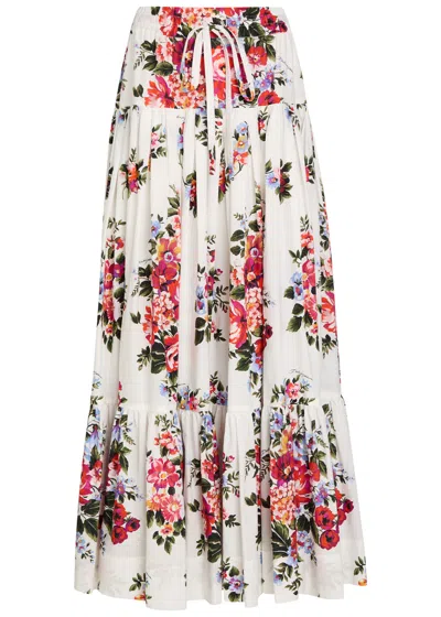 Dolce & Gabbana White Long Skirt With Floral Print And Elasticated Waistband In Cotton Woman