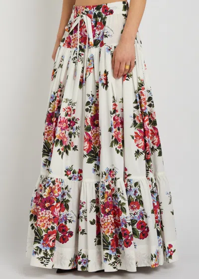 Dolce & Gabbana White Long Skirt With Floral Print And Elasticated Waistband In Cotton Woman