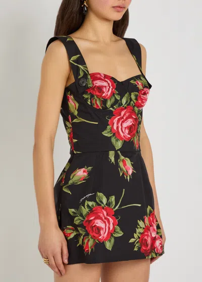 Dolce & Gabbana Floral-print Cotton Bustier Mini Dress In Black
