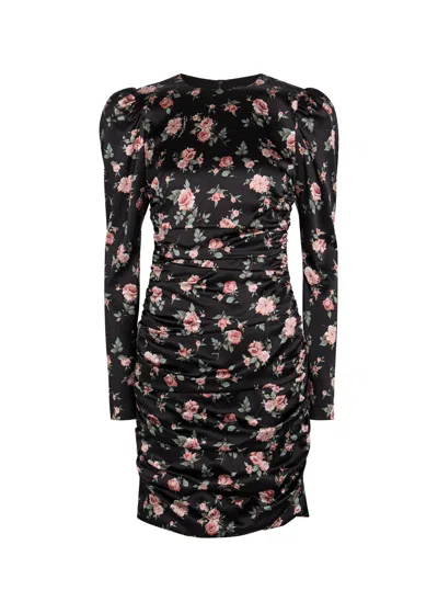 Dolce & Gabbana Black Dress With Floral Print And Side Draping In Silk Woman In Multi