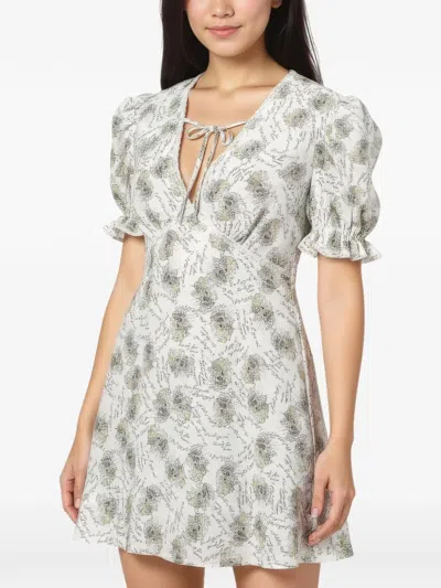 Pushbutton Puffed-sleeve Patterned Dress In White