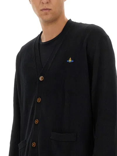 Vivienne Westwood Black V Neck Cardigan With Orb Embroidery In Cotton And Cashmere