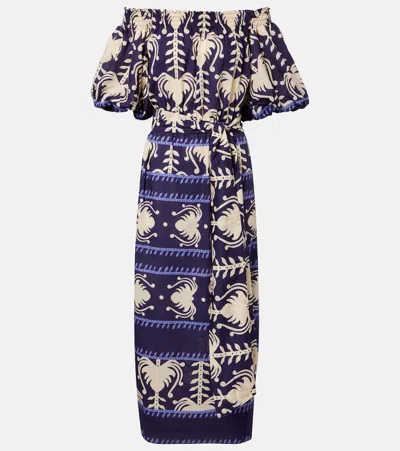 Johanna Ortiz Harbour Hues Patterned Cotton-poplin Midi Dress In Blue