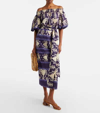 Johanna Ortiz Harbour Hues Patterned Cotton-poplin Midi Dress In Blue