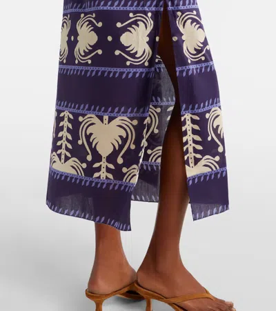 Johanna Ortiz Harbour Hues Patterned Cotton-poplin Midi Dress In Blue