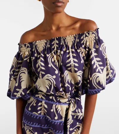 Johanna Ortiz Harbour Hues Patterned Cotton-poplin Midi Dress In Blue