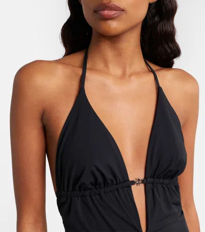 Tory Burch Halter Neck Plunge Swimsuit Ring Detail In Black