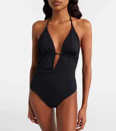 Tory Burch Halter Neck Plunge Swimsuit Ring Detail In Black
