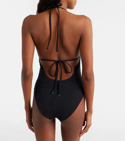Tory Burch Halter Neck Plunge Swimsuit Ring Detail In Black