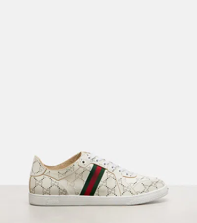 Gucci White Stretch Sneakers With Laser-cut Gg Motif In Neutral