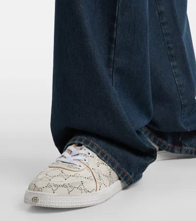 Gucci White Stretch Sneakers With Laser-cut Gg Motif In Neutral