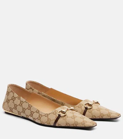 Gucci Vittoria Horsebit-detail Gg-pattern Ballet Flats In Neutral