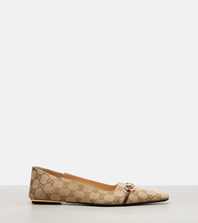 Gucci Vittoria Horsebit-detail Gg-pattern Ballet Flats In Neutral