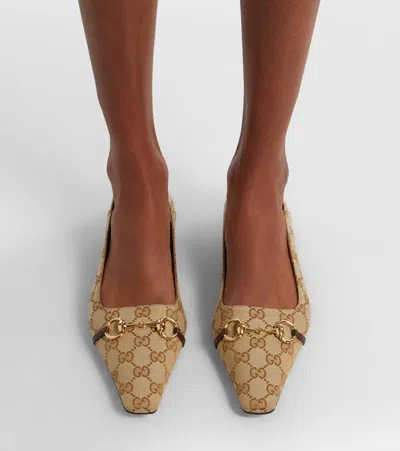 Gucci Vittoria Horsebit-detail Gg-pattern Ballet Flats In Neutral
