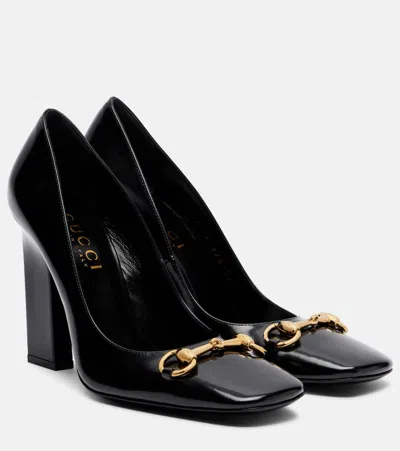 Gucci Signora Pumps Block Heel Gold Tone Hardware In Black