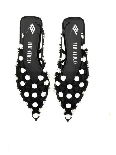 Attico Grid Embellished Suede Slingback Point-toe Flats In Black