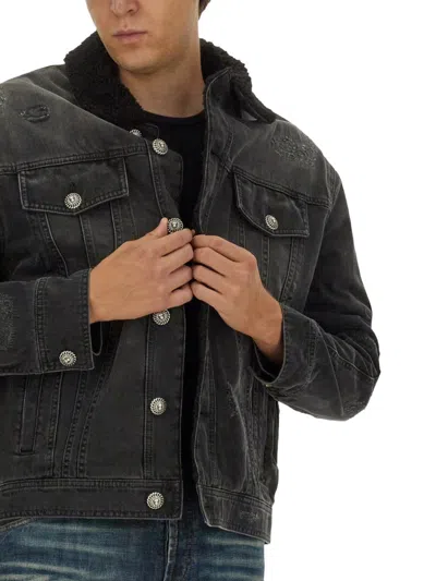 Balmain Distressed Shearling Collar Jacket In Black