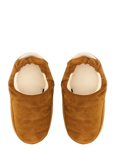 Moon Boot Suede Stitched Round Sole Slippers In Brown