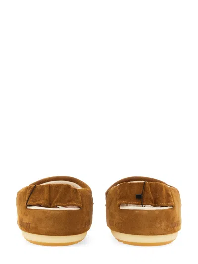 Moon Boot Suede Stitched Round Sole Slippers In Brown