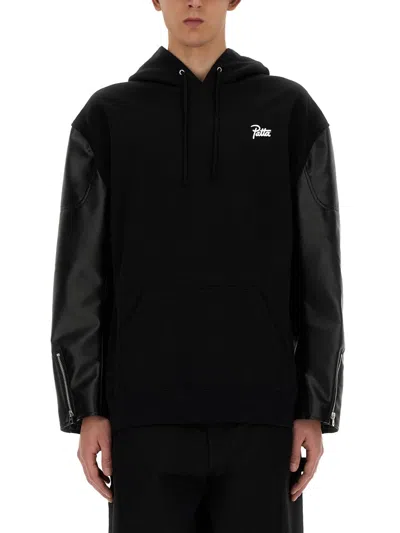 Junya Watanabe Cotton Sweatshirt With Leather Sleeve Panels In Black