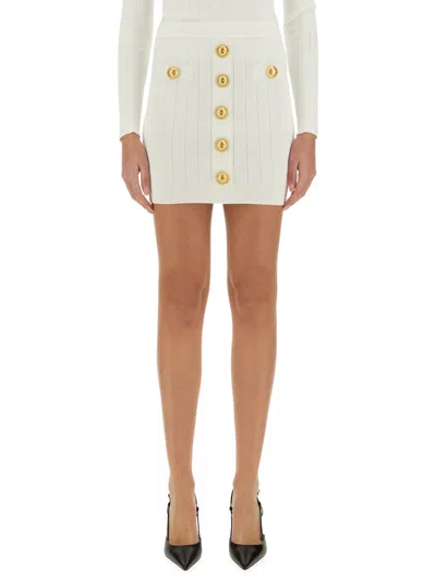 Balmain Embellished Pointelle And Ribbed-knit Mini Skirt In White