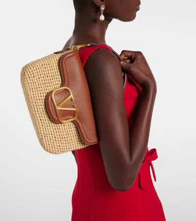 Valentino Garavani  Garavani Alltime Shoulder Bag In Raffia And Grainy Calfskin With Ribbon In Multi