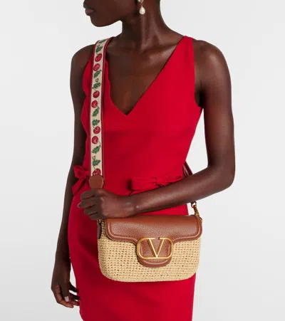 Valentino Garavani  Garavani Alltime Shoulder Bag In Raffia And Grainy Calfskin With Ribbon In Multi