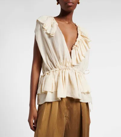 Dries Van Noten Sleeveless Top Elastic Waist Ruffled Neckline In White