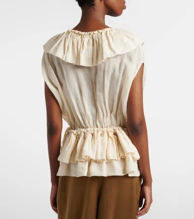 Dries Van Noten Sleeveless Top Elastic Waist Ruffled Neckline In White