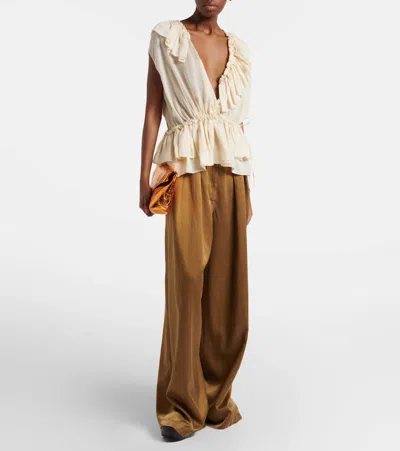 Dries Van Noten Sleeveless Top Elastic Waist Ruffled Neckline In White