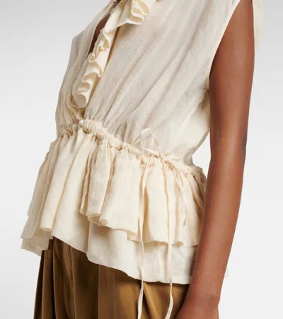 Dries Van Noten Sleeveless Top Elastic Waist Ruffled Neckline In White