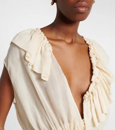 Dries Van Noten Sleeveless Top Elastic Waist Ruffled Neckline In White