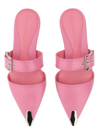 Alexander Mcqueen Buckle Leather Mule In Pink