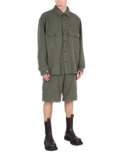 Msgm Checkered Wool Shirt With Classic Collar In Brown