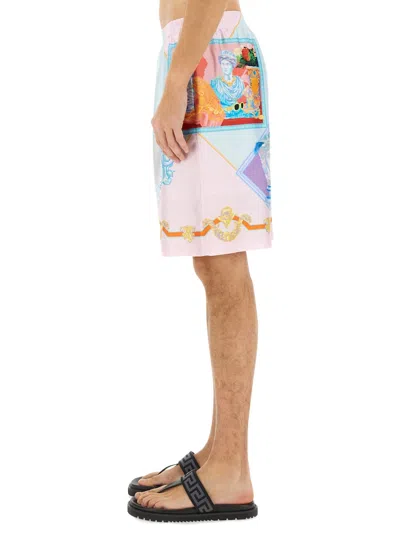 Versace Printed Silk Shorts In Blue