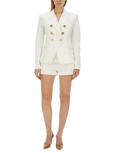 Balmain Double-breasted Structured Denim Blazer With Peak Lapel In White