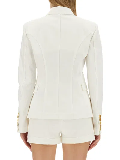 Balmain Double-breasted Structured Denim Blazer With Peak Lapel In White