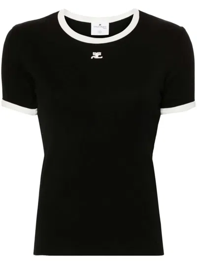 Courrèges Courreges Women Cotton T Shirt With Contrasting Profiles In Black
